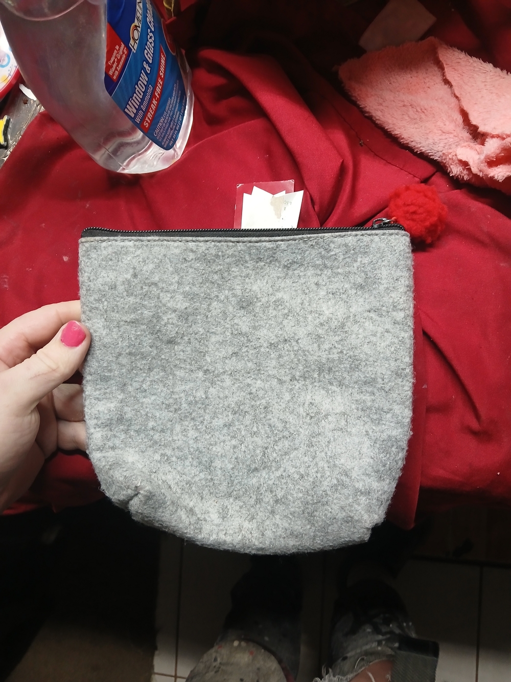 Make Up Pouch Light Grey Red Cotton Ball Zipper Made For Retail